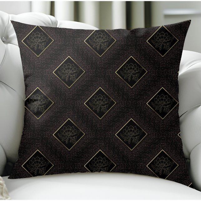 Coussin Parties scintillant florale moderne noir et or Mot (Créateur téléchargé)