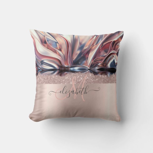 Coussin Parties scintillant moderne Rose or Monogramme Abs (Recto)