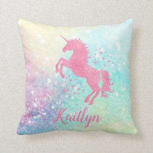 Coussin Parties scintillant rose personnalisée Unicorne et