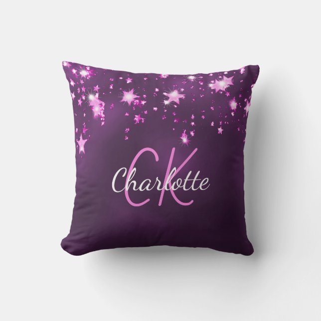 Coussin Parties scintillant rose violet étoiles nom monogr (Recto)