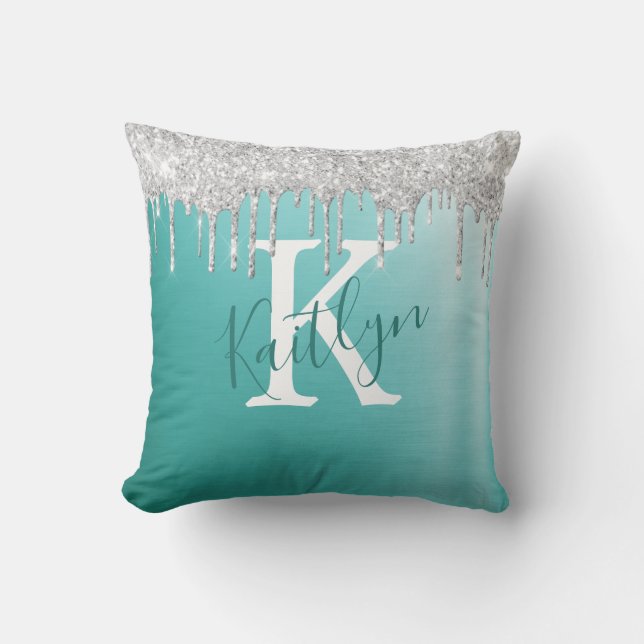 Coussin Parties scintillant turquoise en argent brossé Mon (Recto)
