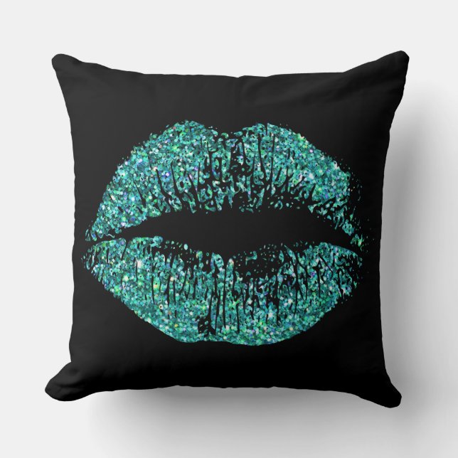 Coussin Parties scintillant Turquoise Lèvres Sur Noir (Recto)