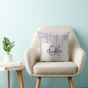 Coussin Parties scintillant violet argent goutte nom monog