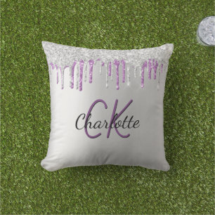 Coussin Parties scintillant violet argent goutte nom monog
