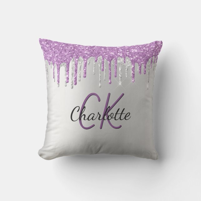 Coussin Parties scintillant violet argent goutte nom monog (Recto)