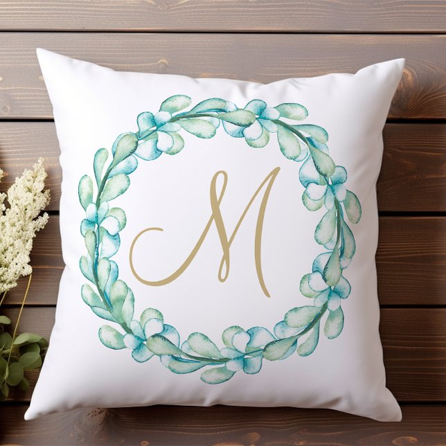 Coussin Pastel Aquarelle Eucalyptus Wreath Monogramme (Créateur téléchargé)