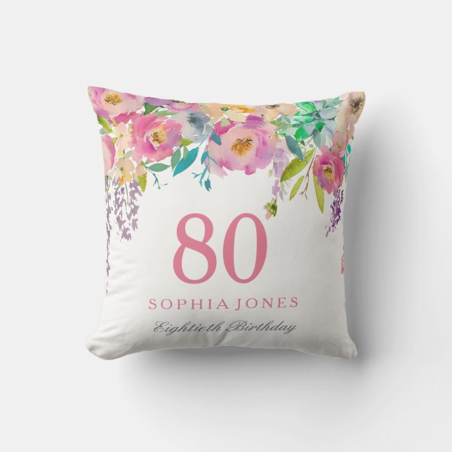 Coussin Pastel Aquarelle Fleurs 80e Anniversaire Cadeau (Recto)