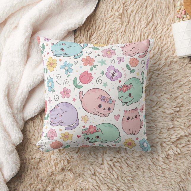 Coussin pastel Kawaii chats et fleurs de printemps (Couverture)