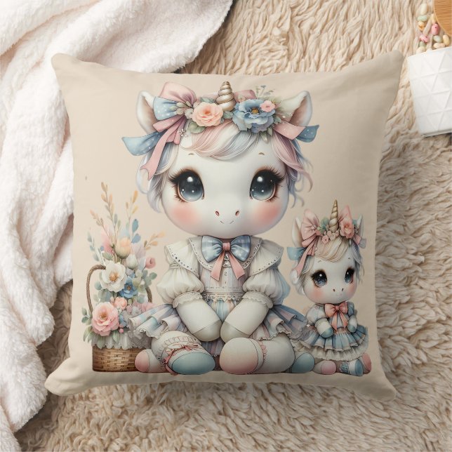 Coussin Pastel Kawaii Licorne Duo Mère Fille Beige (Couverture)