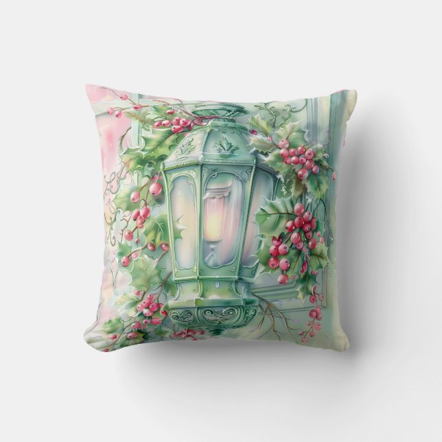 Coussin Pastel Pink and Green Christmas Throw Pillow (Recto)