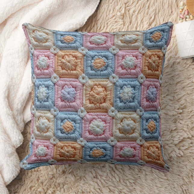 Coussin Pastel Pink Blue Ivory Orange Crochet Look (Couverture)