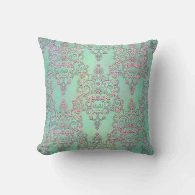 Coussin Pastel Rose sur Mint Green Floral Damask (Recto)