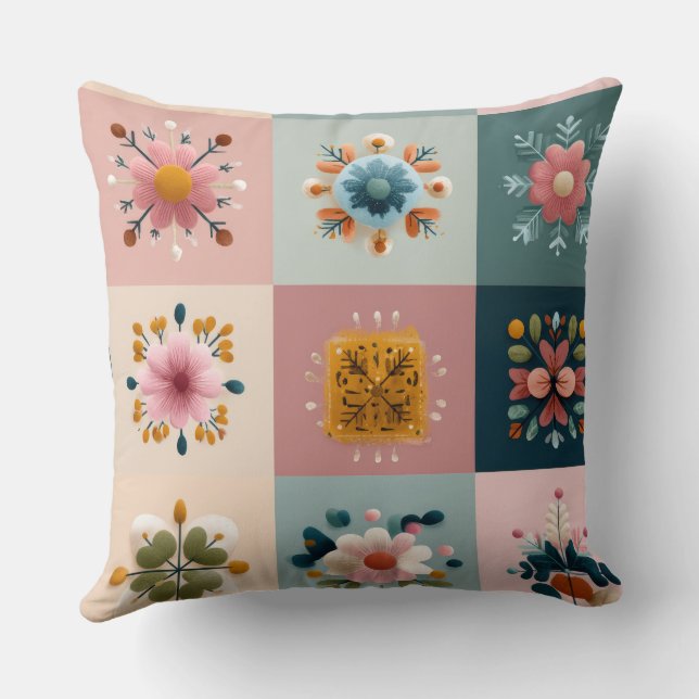 Coussin Pastel Snowflake & Floral Patchwork Throw Pillow – (Verso)
