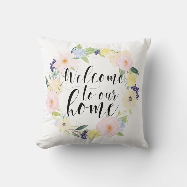 Coussin Pastel Spring Floral Wreath Bienvenue Dans Notre M (Recto)