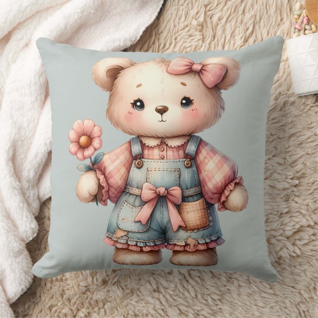 Coussin Pastel Teddy Bear Holding Flower Wear Overalls (Couverture)