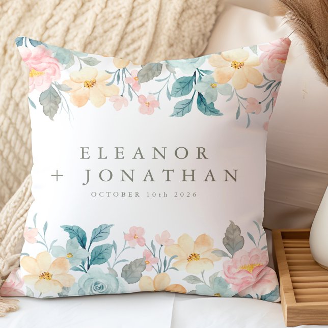 Coussin Pastel Turquoise rose Aquarelle Floral Personnalis (Créateur téléchargé)