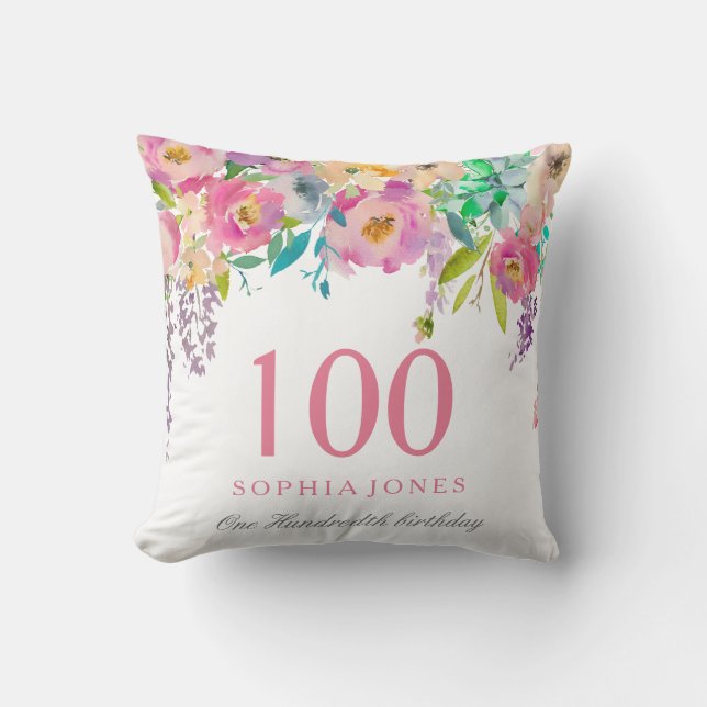 Coussin Pastel Watercolor Flowers 100e anniversaire GIft (Recto)
