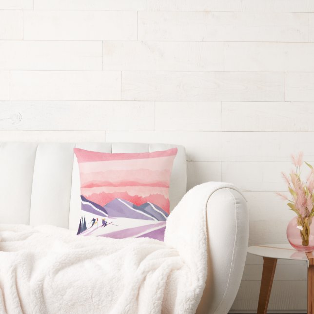 Coussin Pastel Watercolor Ski Mountain Sunset (Canapé)
