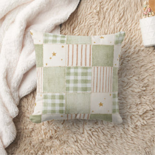 Coussin Patches Étoiles Rayures Vert Menthe Or