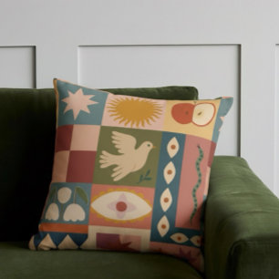 Coussin Patchwork céleste bohémien avec symboles mystiques