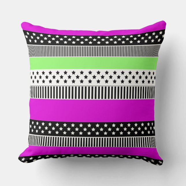 Coussin Patchwork de rayures noir et blanc et néon (Recto)