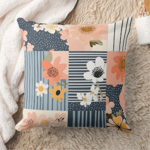 Coussin Patchwork Floral Rétro en Rose et Bleu