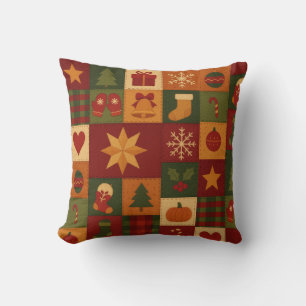Coussin Patchwork Rouge Vert Quilt Rustique Ferme