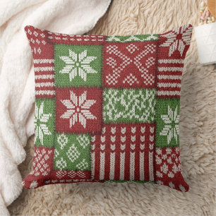 Coussin Patchwork tricoté classique de Noël - Rouge, Vert