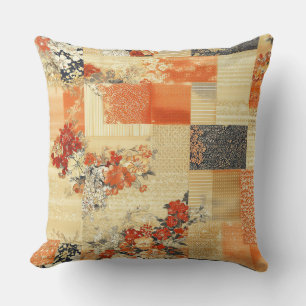 Coussin Patchwork Vintage japonais de kimono orange