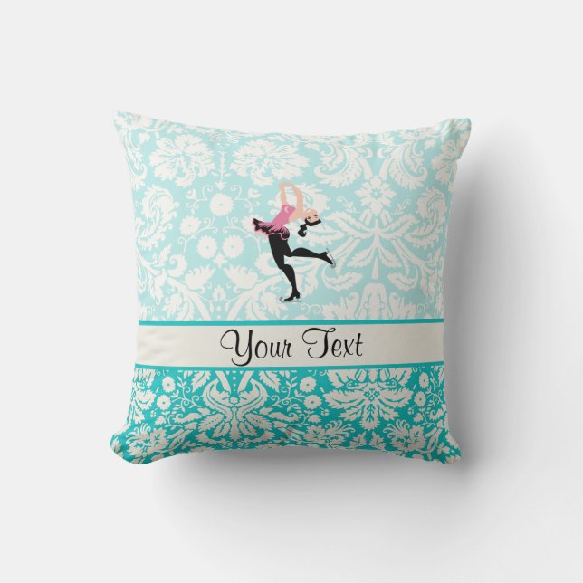 Coussin Patinage de glace turquoise de motif de damassé (Recto)