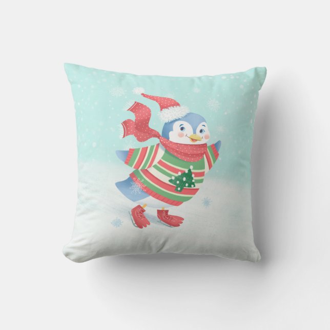 Coussin Patinage sur glace neige bleu patinage pingouin Je (Recto)