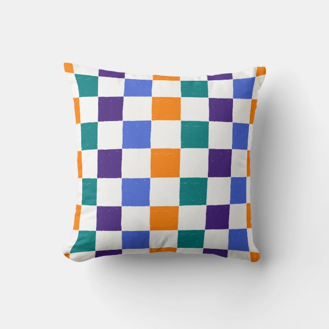 Coussin Patiné damier orange, Turquoise, bleu, violet (Recto)