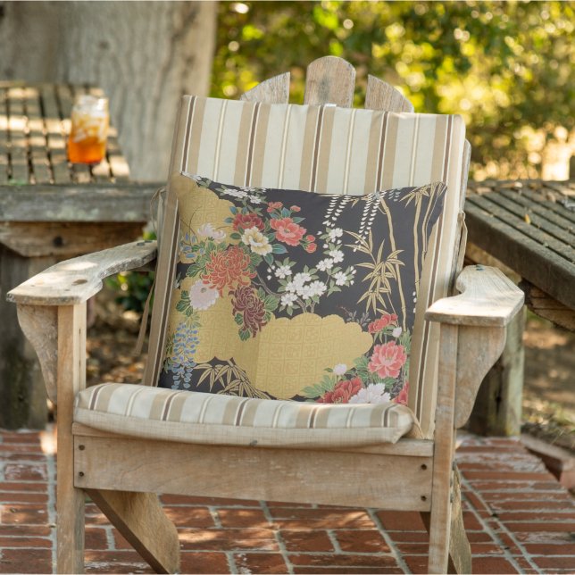 Coussin Patio floral japonais traditionnel noir et or (Chaise)