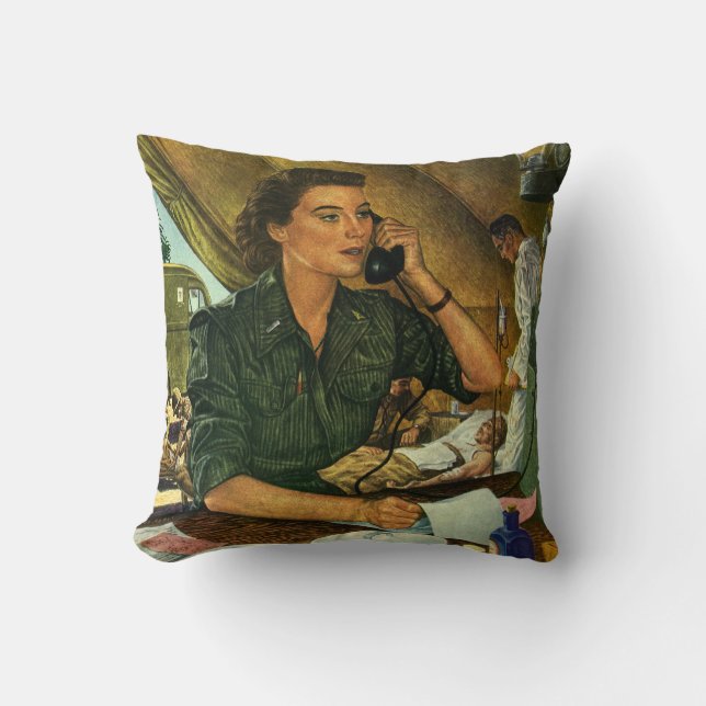 Coussin Patriotique Vintage, Infirmière médicale au téléph (Recto)