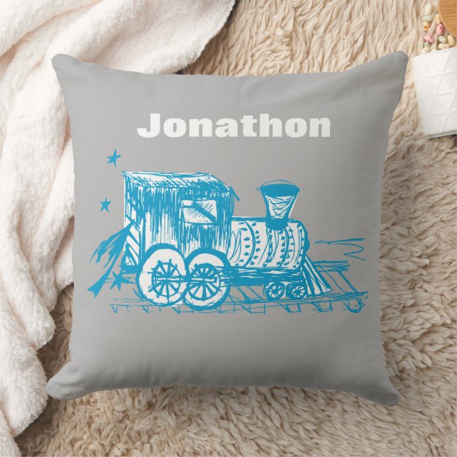 Coussin Pavé bleu Choo Choo Train Boys Room Nursery (Couverture)