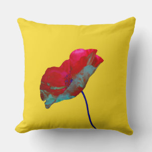 Coussin Pavot bleu rouge sur jaune soleil