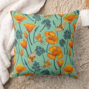 Coussin Pavot et papillons de nuit de Californie sur jade