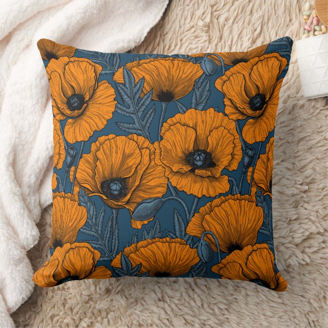 Coussin Pavot orange sur bleu foncé (Couverture)