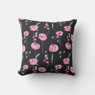 Coussin Pavot rose aquarelle et branches florales