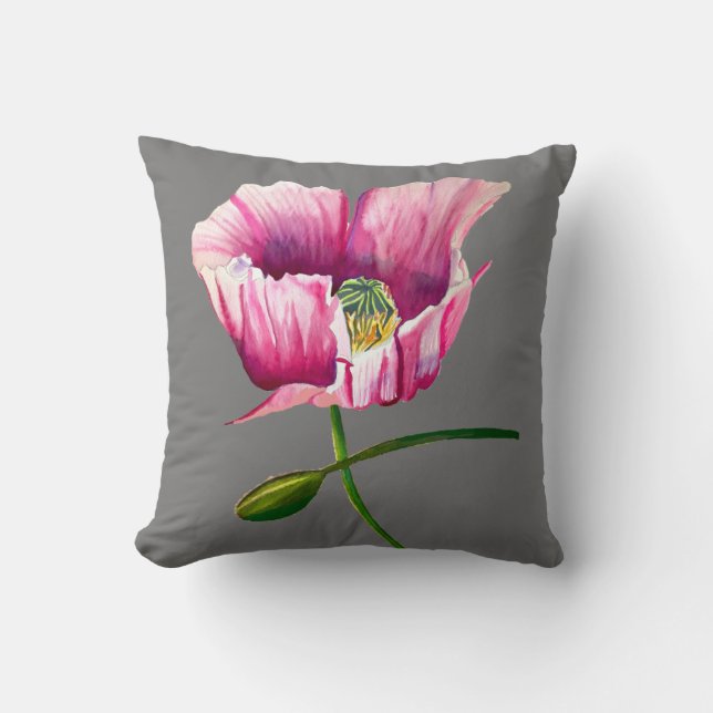 Coussin Pavot rose aquarelle jolie fleur (Recto)
