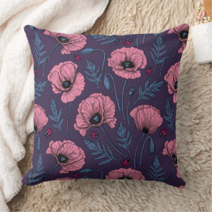Coussin Pavot rose sur violet foncé