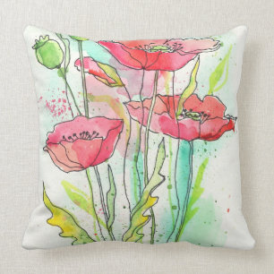 Coussin Pavots peints d'aquarelle