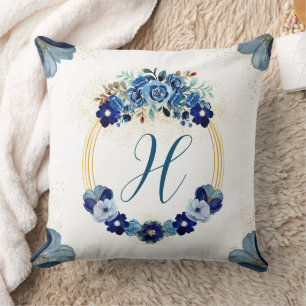 Coussin Pays Chic Monogramme Bleu Or Floral Wreath