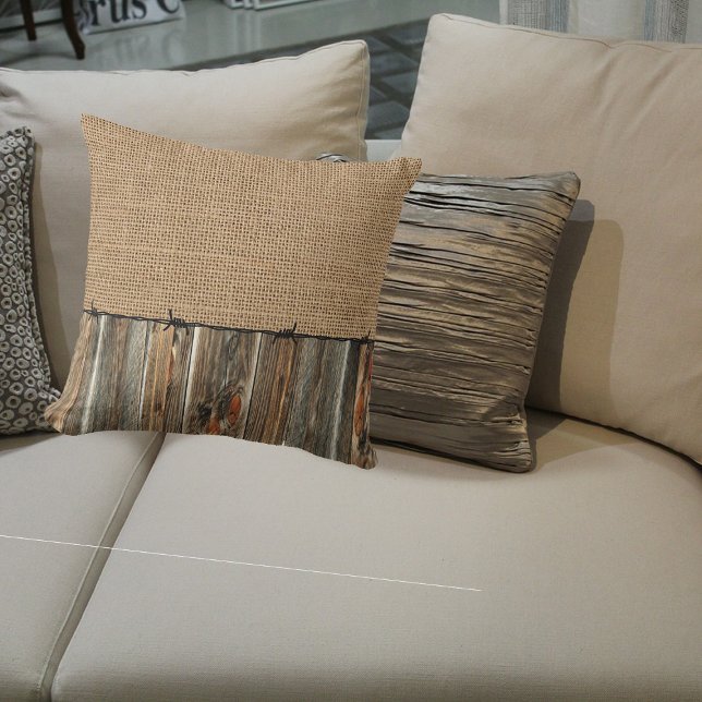 Coussin Pays de l'Ouest Rusti Burlap Grange Bois Barbelé F (Créateur téléchargé)