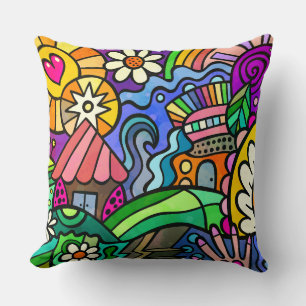 Coussin Pays merveilleux Doodle Paysage de dessin animé mi