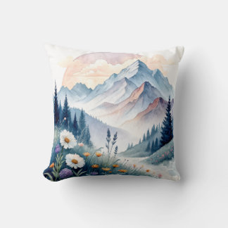 Coussin Paysage alpin aquarelle avec Fleur sauvage