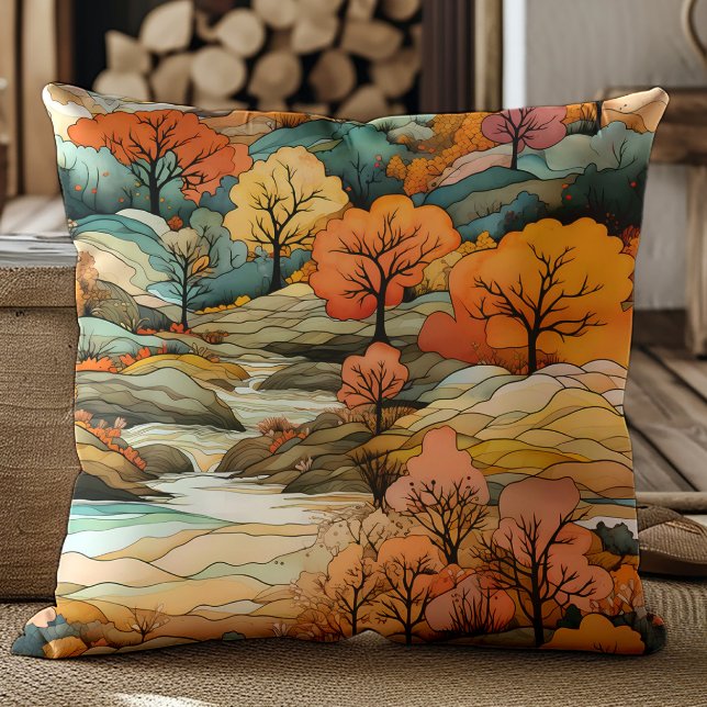 Coussin Paysage Brown Orange Fall River Trees (Orange, brown, teal trees and river decorator pillow)