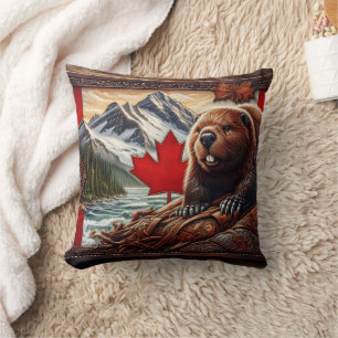 Coussin Paysage canadien avec castor et feuille d'érable