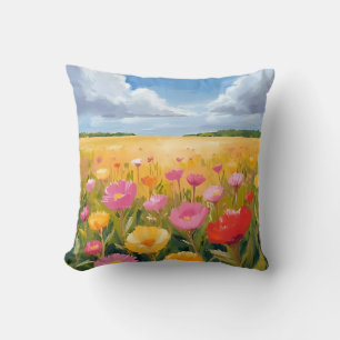 Coussin Paysage de champ de fleurs à l'aquarelle