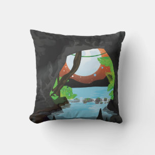 Coussin Paysage de dessin animé de grotte de forêt tropica